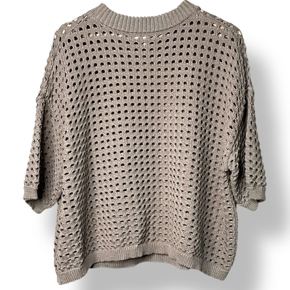 DR 2 Tan Open Knit Short Sleeve Cropped Crew Neck Sweater US Sz L - Picture 3 of 8